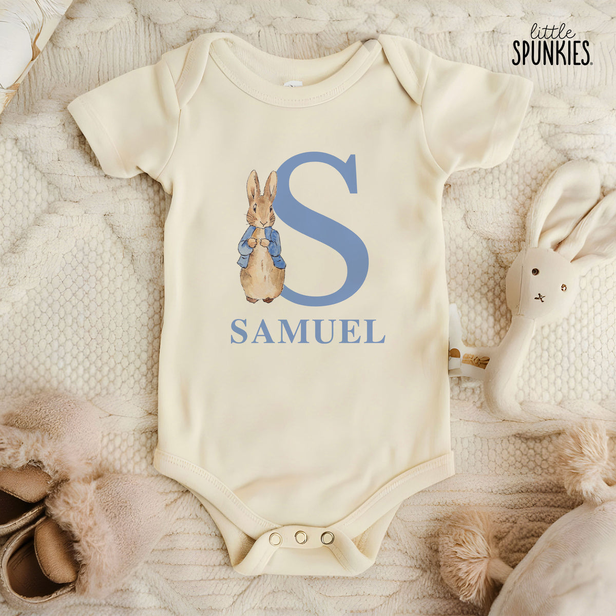 Blue Rabbit Initial with Name Natural Onesies® Brand