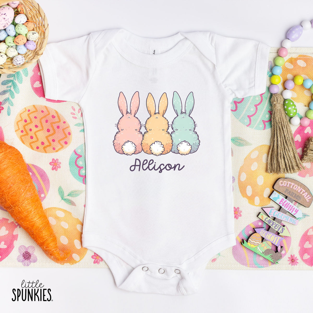 Colorful Bunny Trio with Name Onesies® Brand