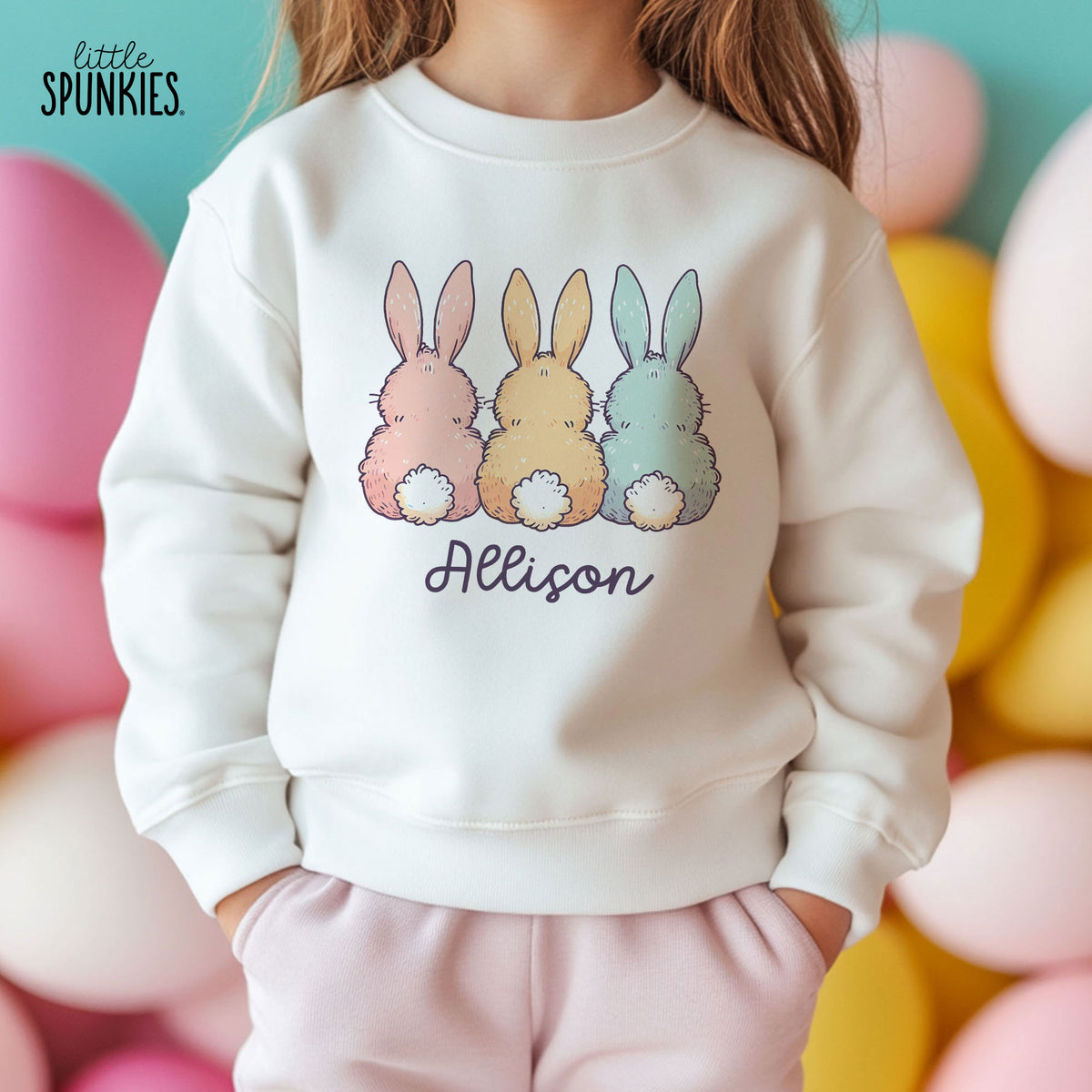 Colorful Bunny Trio with Name Sweatshirt