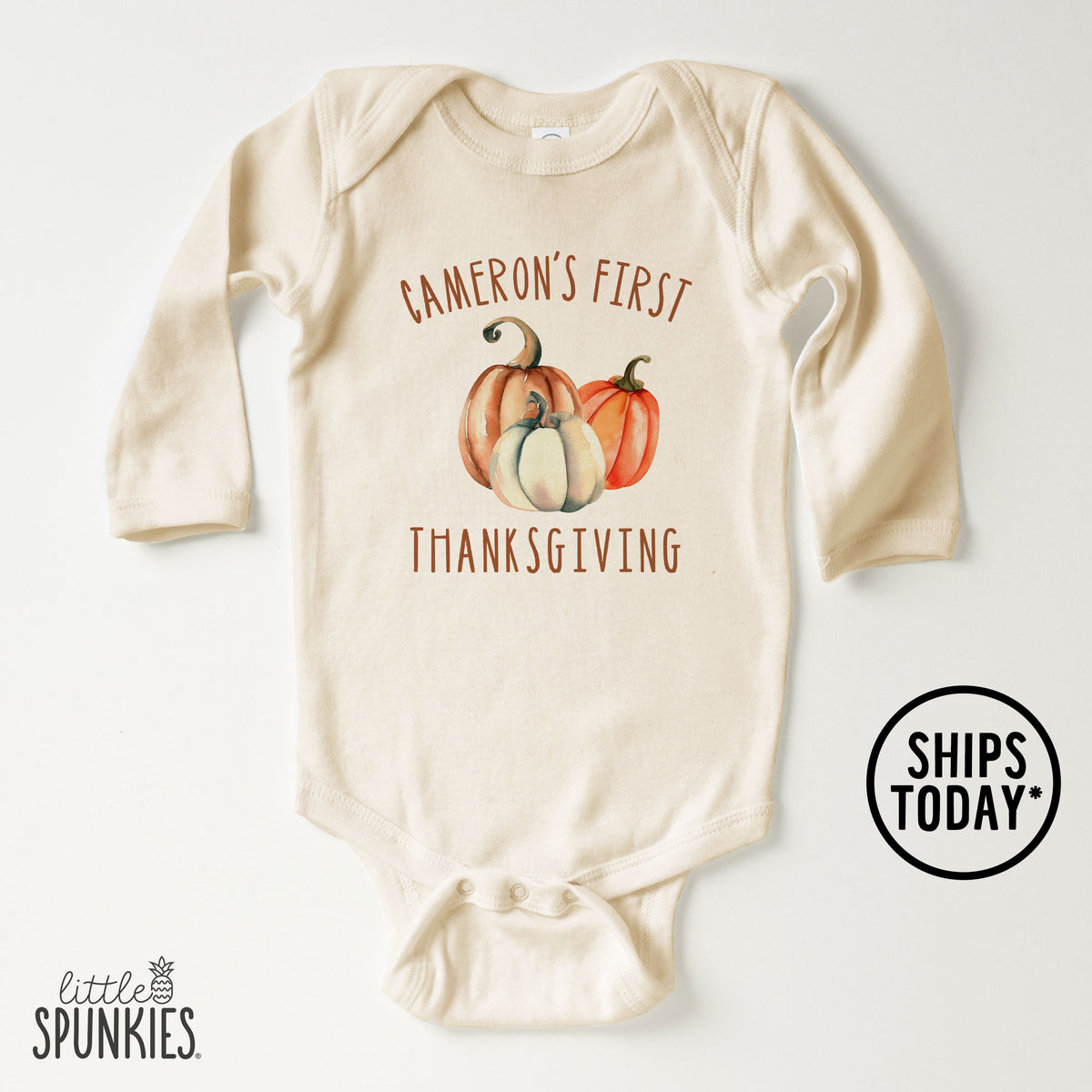 Personalized First Thanksgiving with Pumpkins Natural Onesies® Brand