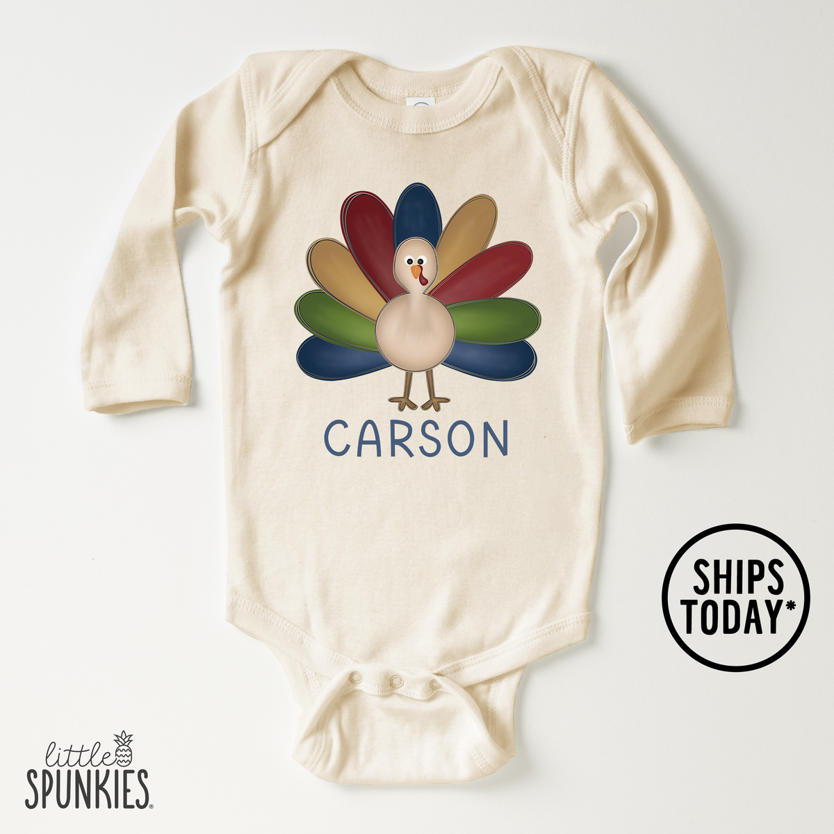 Navy Doodle Turkey with Name Natural Onesies® Brand