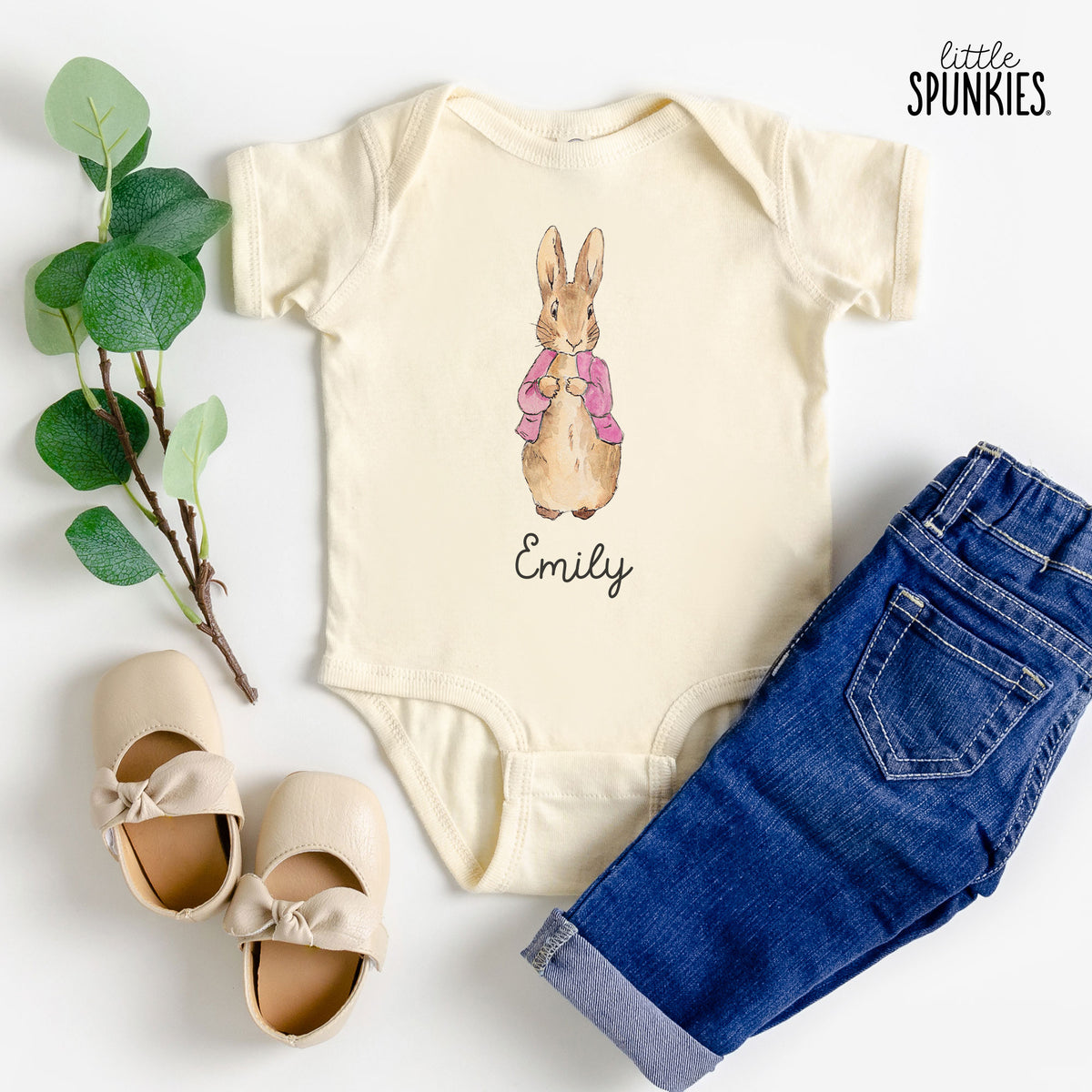 Pink Rabbit with Name Natural Onesies® Brand