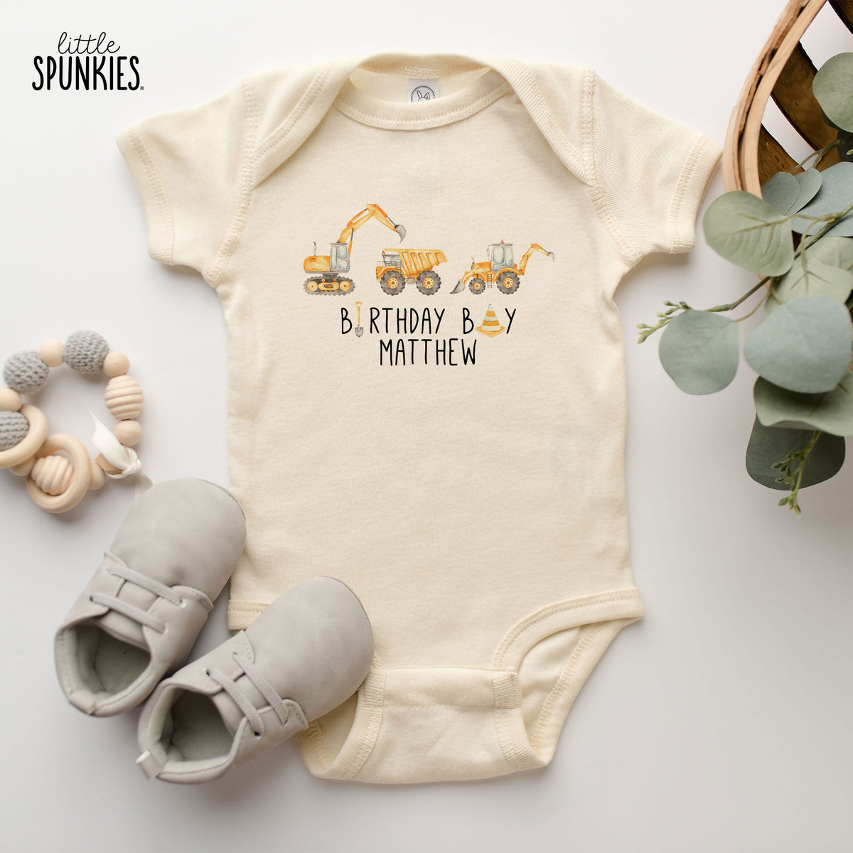Watercolor Birthday Construction with Name Natural Onesies® Brand