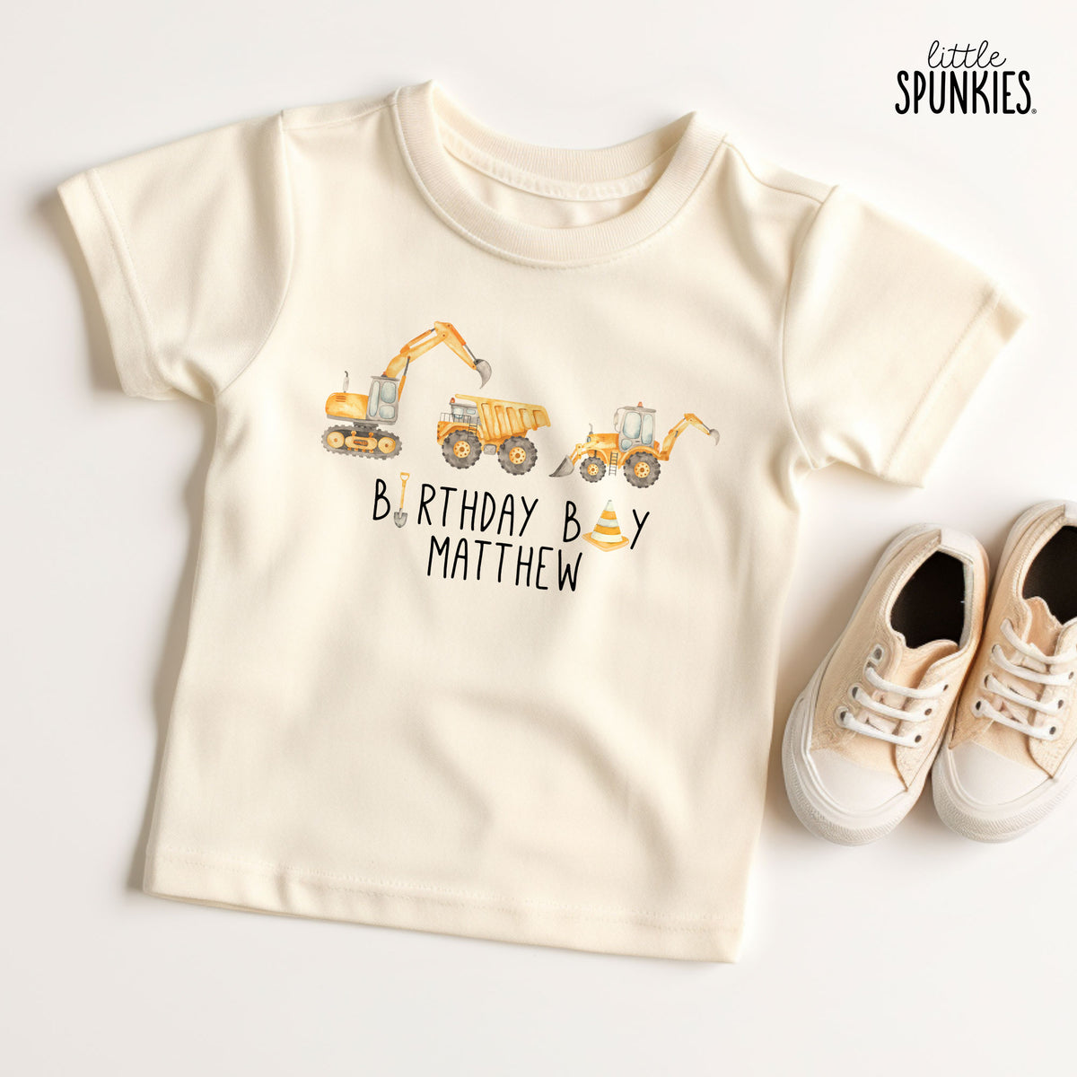 Watercolor Birthday Construction with Name Natural T-Shirt