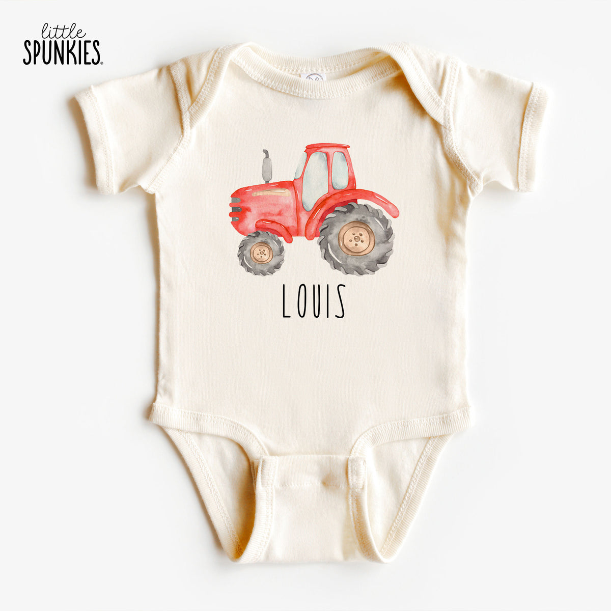 Red Farm Tractor with Name Natural Onesies® Brand