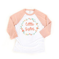 Little Sister Peach Floral Wreath Raglan Shirt
