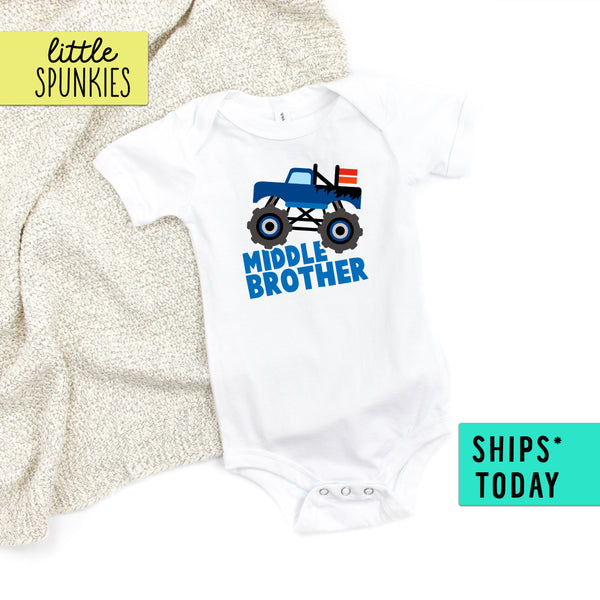 Middle Brother Monster Truck Sibling Announcement Baby Onesie