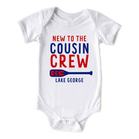 Personalized New to the Cousin Crew with Paddle and Lake Name Baby Summer Onesie