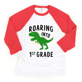 Roaring Into 1st Grade Back to School Dino Raglan Tee