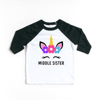Unicorn Middle Sister Girl Toddler Raglan Shirt